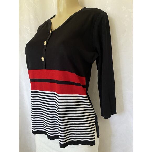 Exclusively Misook Top Sweater 3/4 Sleeve Knit Black Red White Striped V… - Picture 3 of 6